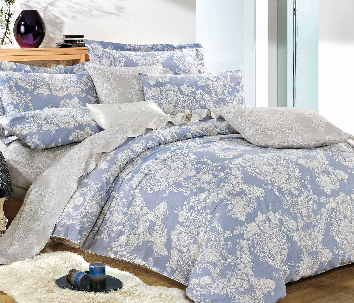 LAUREN BLUE DAMASK 100% COTTON COMFORTER SET Queen